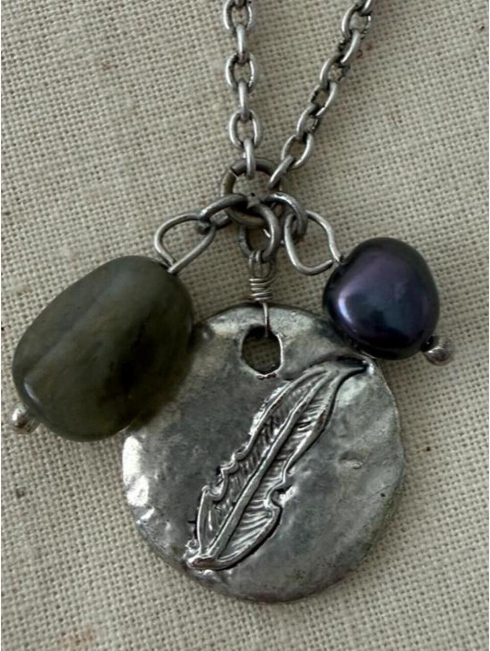Vintage J. Jill Feather Pendant Necklace Green Stone Pearl